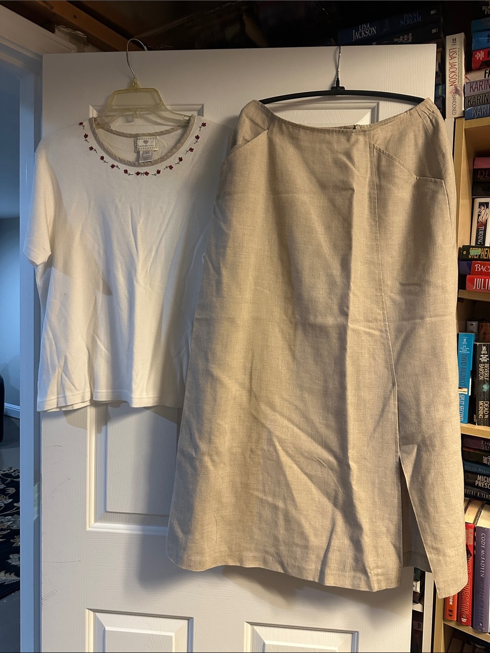 Susan Bristol Beige Linen-Blend Midi Skirt